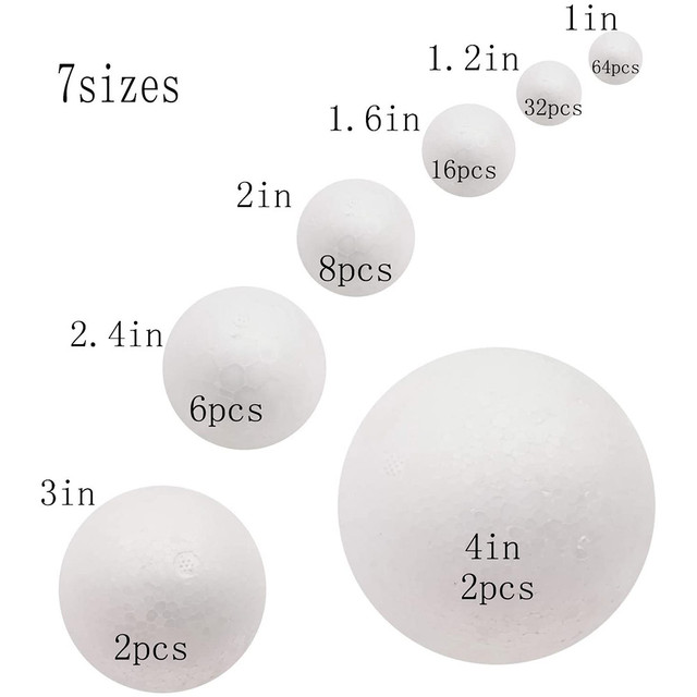 130 Pack Craft Foam Balls, 7 Sizes Including 1-4 Inches, White Polystyrene  Smooth Round Balls